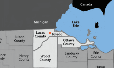 Map of Wood, Lucas, and Ottawa counties